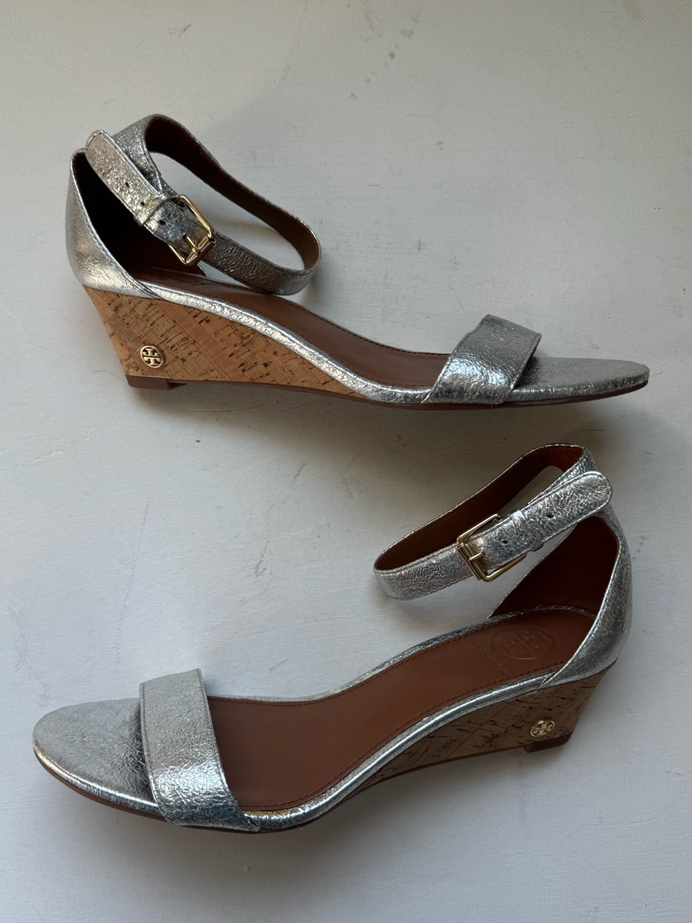 Tory Burch Tory Savannah Silver Metallic Leather Cork Kitten Wedge Sandals